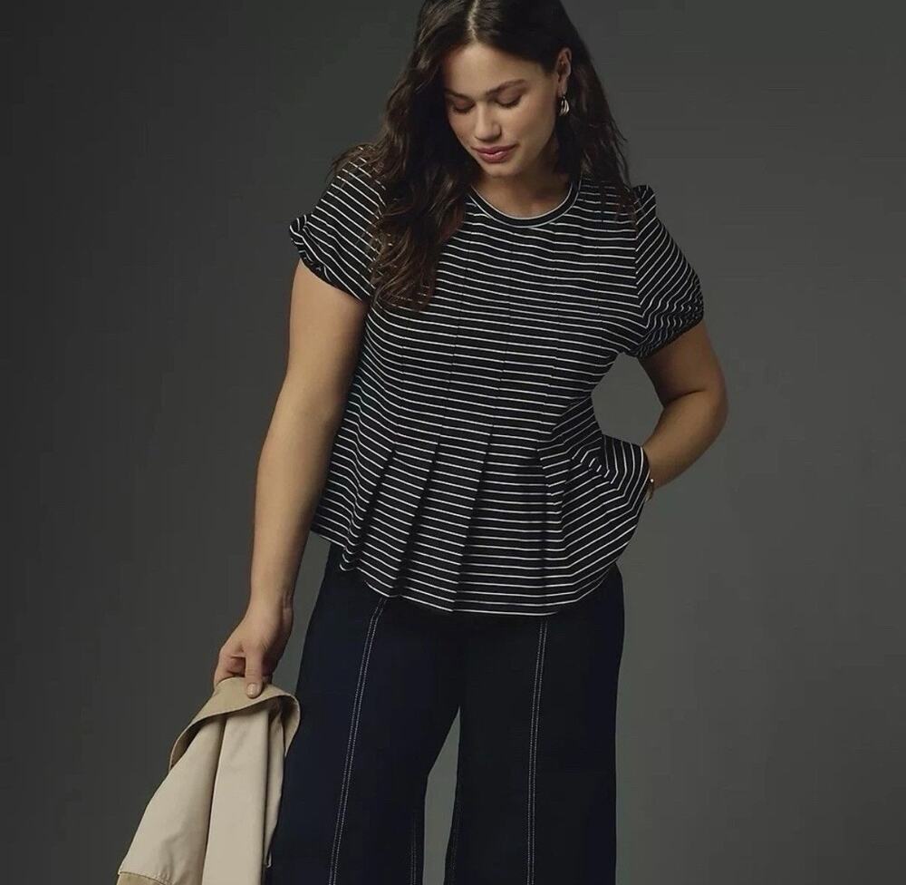 Maeve by Anthropologie Striped Peplum Blouse Top Fitted Size Small